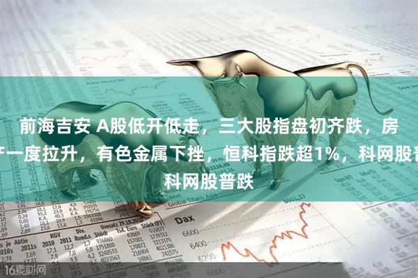 前海吉安 A股低开低走，三大股指盘初齐跌，房地产一度拉升，有色金属下挫，恒科指跌超1%，科网股普跌